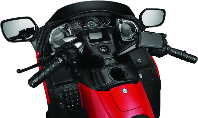 Kuryakyn ISO-Grips with OEM Heated Grip installed on Honda GL1800 Gold Wing motorcycle, showing textured black rubber grips.