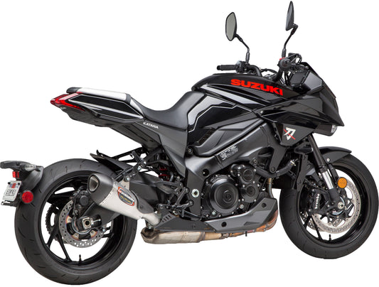 YOSHIMURA Alpha T Street SS/SS/CF exhaust with Works finish, showcasing polished stainless steel and carbon fiber components.