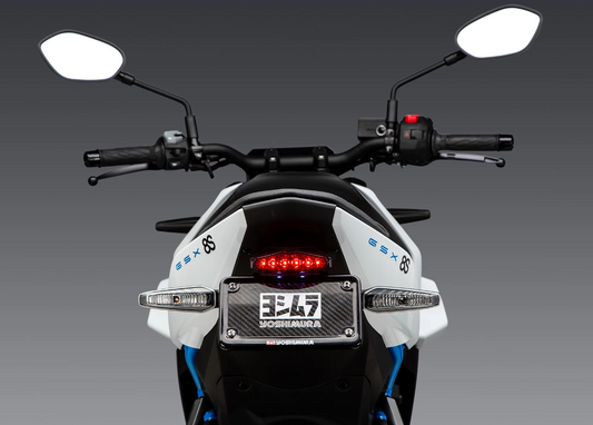 YOSHIMURA Fender Eliminator Kit for Suzuki motorcycles, showing the sleek black mounting bracket and license plate holder.