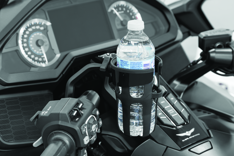 Kuryakyn Reflex drink holder mounted on Honda Goldwing DCT handlebar left side for easy access while riding