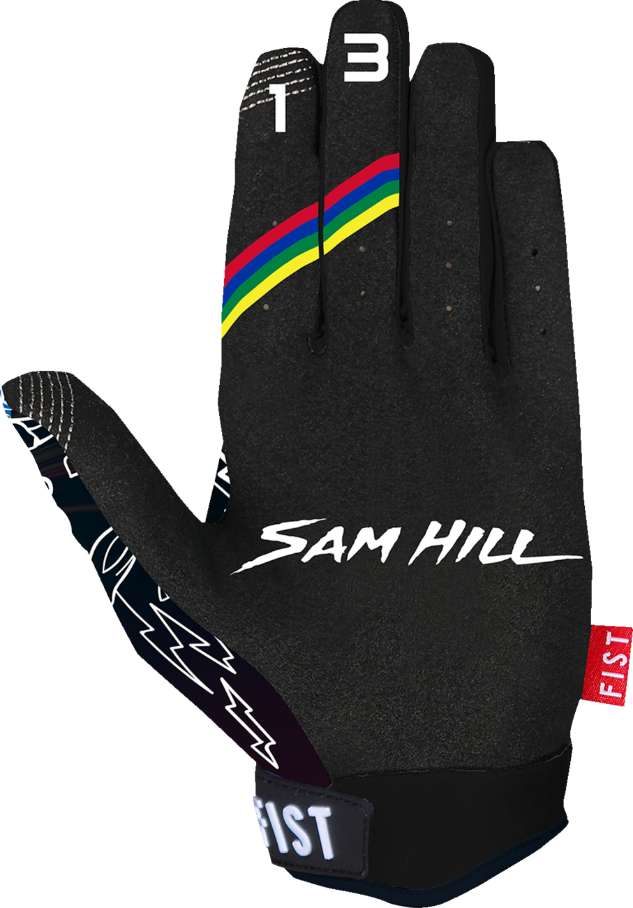 FIST HANDWEAR Youth Strapped Sam Hill Red Label The G.O.A.T. gloves in large size, featuring red color, straps, and padded design.