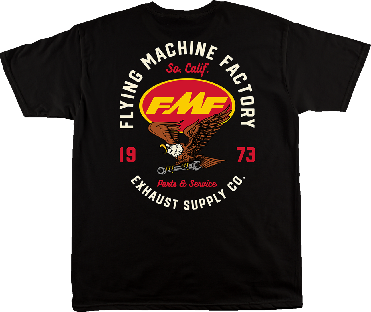 Black FMF Exhaust Supply T-Shirt in small size with logo print, made from comfortable fabric, featuring a classic crew neckline.