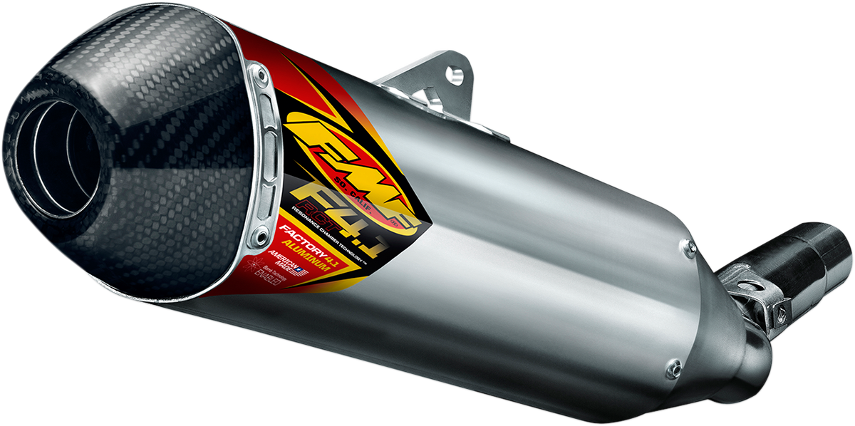FMF Factory 4.1 RCT aluminum muffler for motorcycles, showcasing the sleek metallic finish and durable construction.