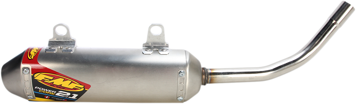 Aluminum FMF Powercore 2.1 muffler for 4-stroke motorcycle performance, shown with sleek metallic finish and mounting details.