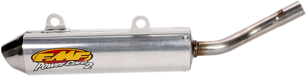 FMF Powercore 2 Silencer for 2-stroke motorcycle, featuring performance flow end cap and durable exhaust design.