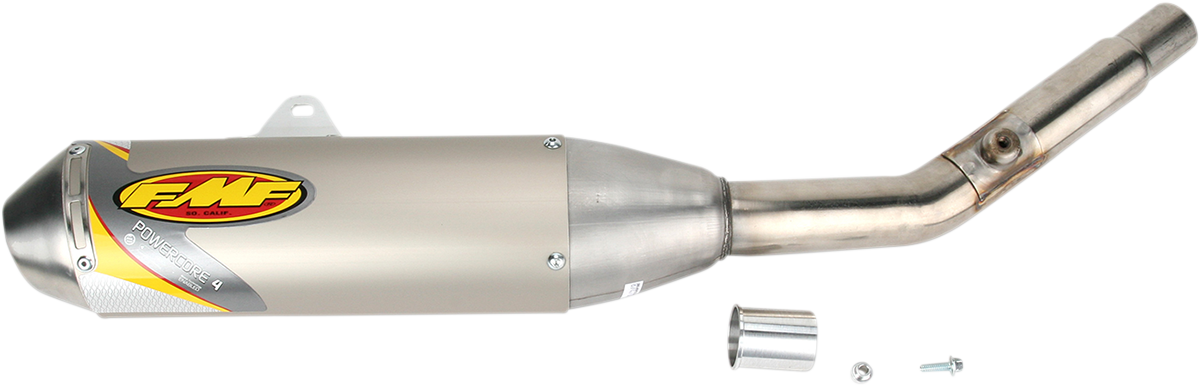 FMF Powercore 4 muffler for performance exhaust system, showcasing the black metal design and branding details.