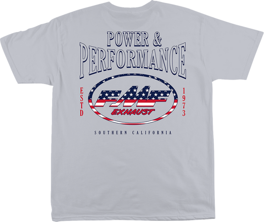FMF Rally T-Shirt in silver, large size, with teal graphic and back print, made from 100% soft spun cotton.