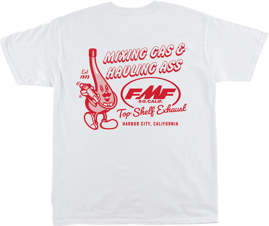 White FMF Top Shelf T-Shirt in 2XL, front view showing the classic FMF logo on the chest.