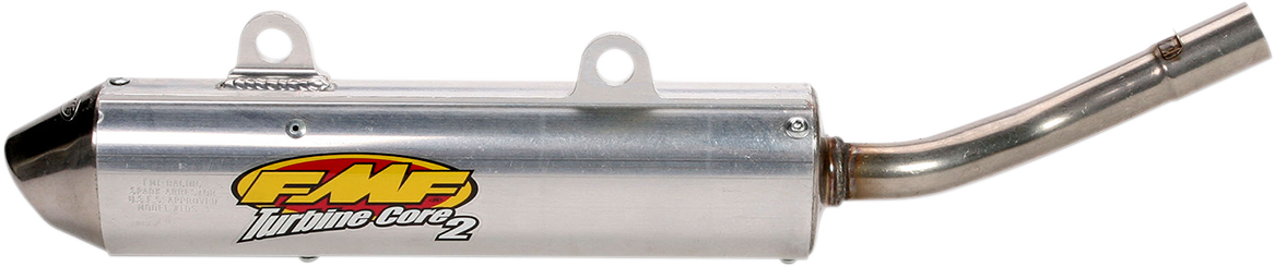 FMF Turbinecore 2 motorcycle silencer attached to a motorcycle exhaust for improved performance and sound.