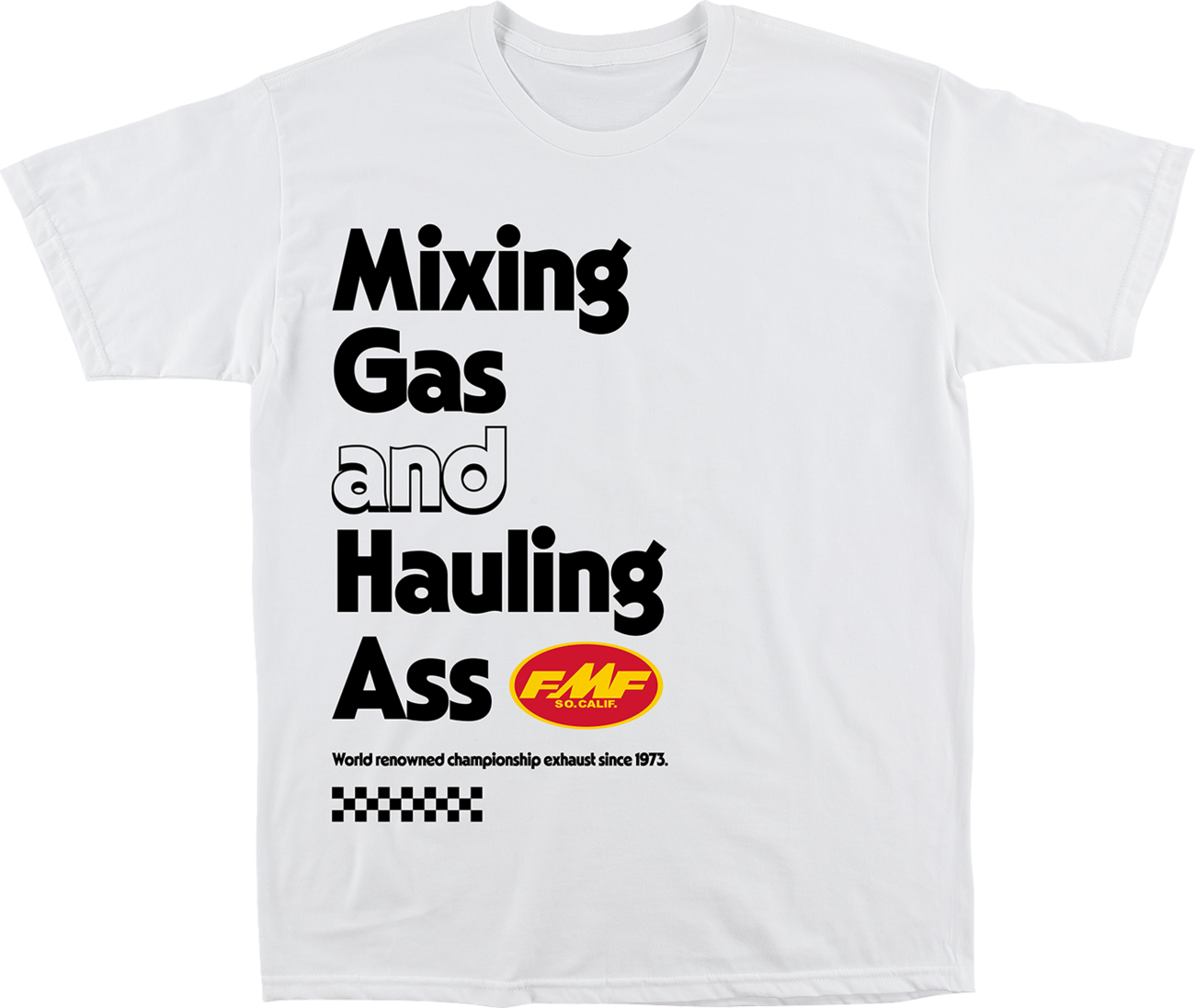 White FMF World Famous T-Shirt in large size with bold FMF logo and graphic design on front, casual and comfortable fit.
