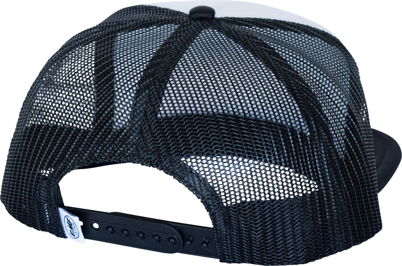 FMF Fatty Trucker Hat in white, adjustable cap with embroidered logo, casual headwear for outdoor and everyday wear.