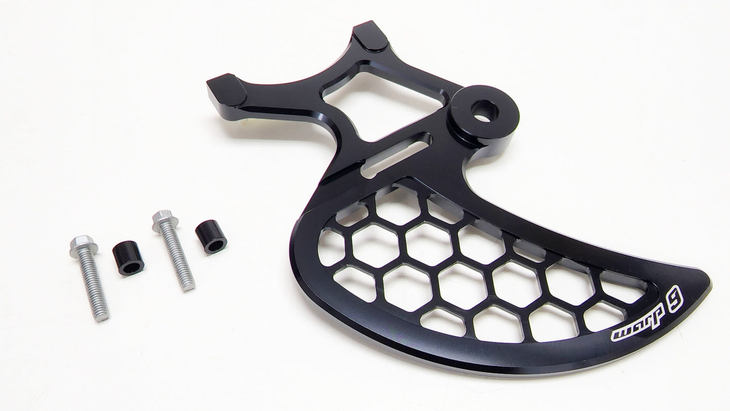 Warp 9 Talaria Sting rear disk guard with spacers, designed for 203mm and 220mm rotors, mounted on the front side.