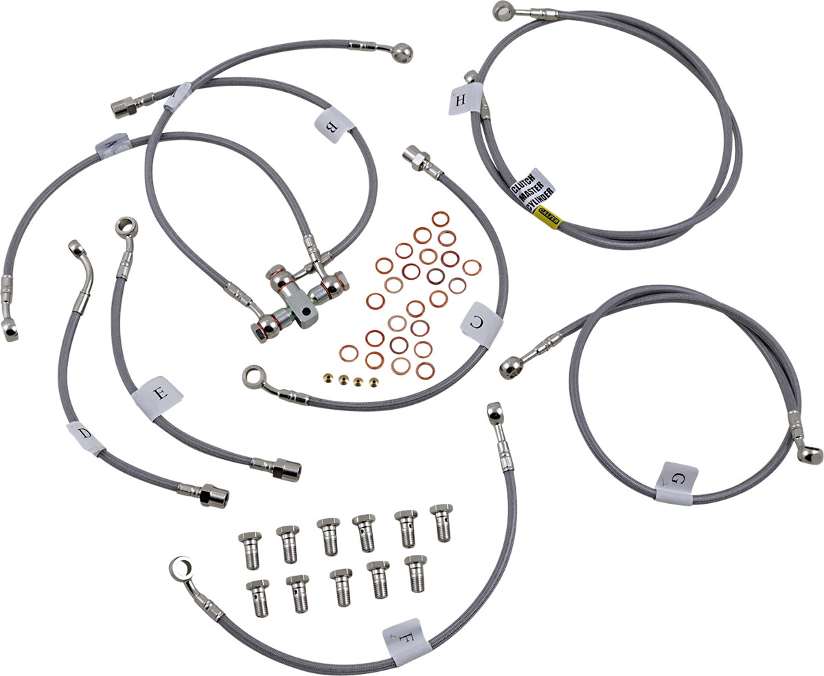 GBRAKES stainless steel brake line FK003D420-9 for enhanced bike stopping power, showing the durable, flexible brake hose with fittings.
