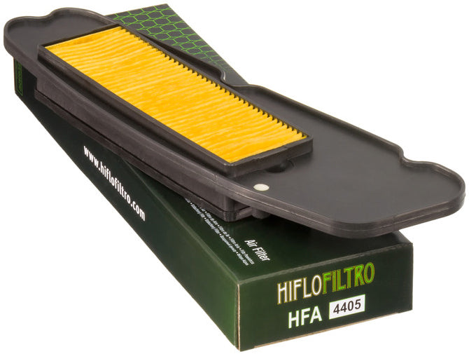 Hiflofiltro HFA4405 air filter for high-performance engines, showing the clean, rectangular filter element with brand logo.