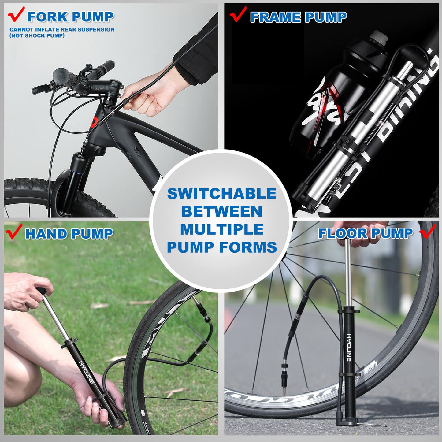Hycline Mege2 140 PSI portable bicycle pump with digital gauge, compact bike pump on black background.