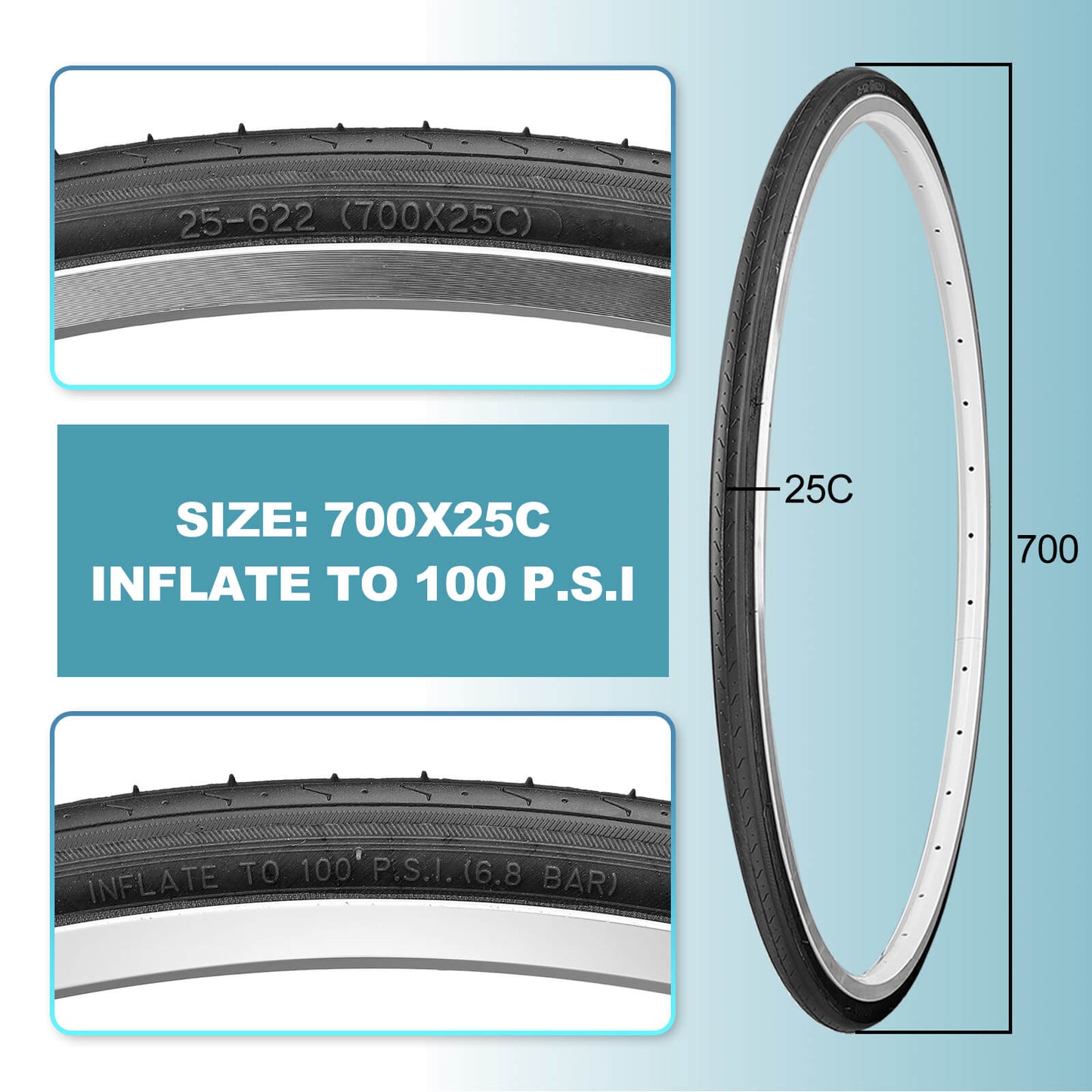 Hycline MoGan 700×25C bicycle tire with black tread and sidewalls, suitable for road cycling, max 100 PSI, single tire image.