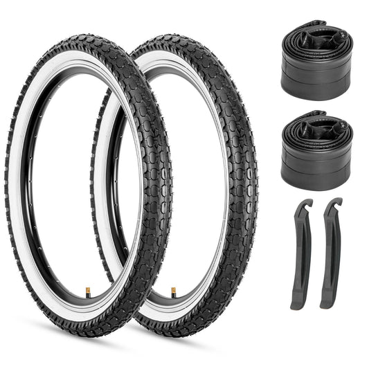Hycline Dotree bicycle tires in black, 16x2.125 and 20x2.125, with tubes, suitable for various bikes, shown in a 2-pack.