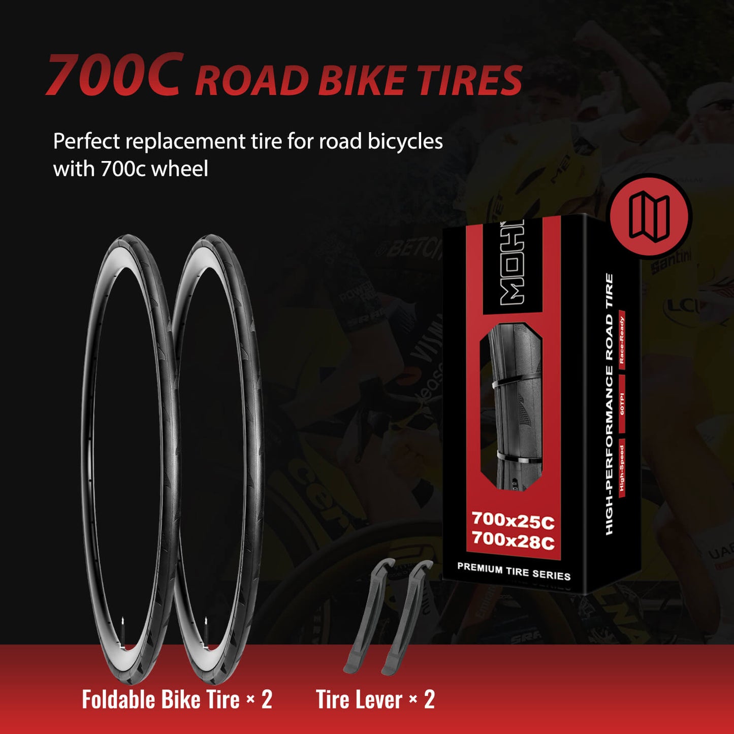 Hycline P-Wave road bike tire 700x25C in black, designed for smooth performance on paved roads.
