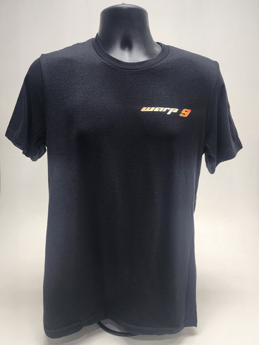 Warp9Racing short sleeve T-shirt in black with logo, casual apparel made by WarpWear, displayed on a plain background.