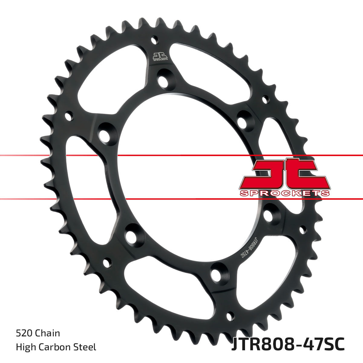 Steel JT rear sprocket 47T for Kawasaki and Suzuki 520 chains, shown with gear teeth and mounting holes.