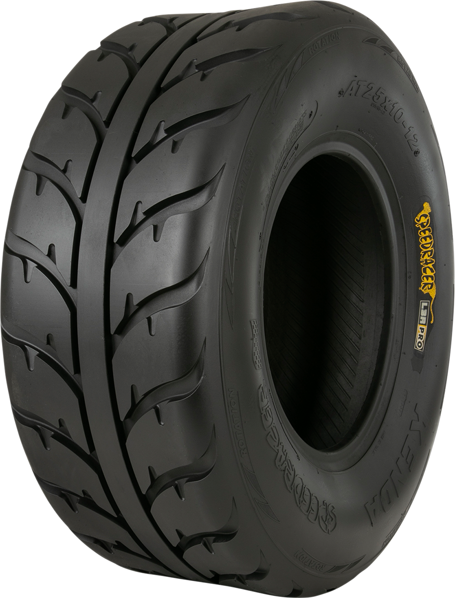 Kenda K547 Speed Racer rear ATV tire 25x10-12 with deep tread, 4-ply for turf and hard surfaces, designed for durability and performance.