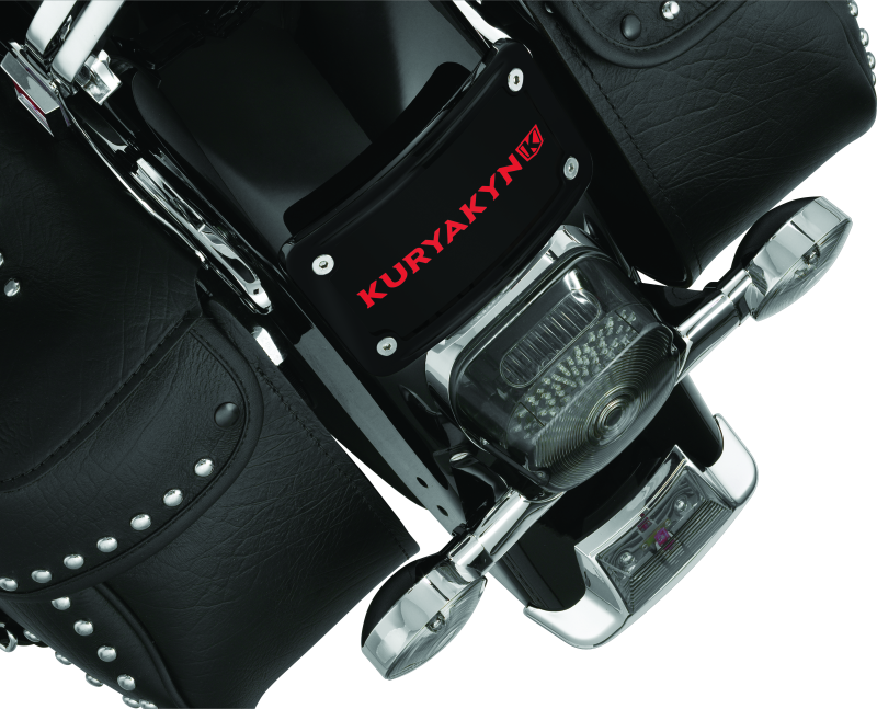 Kuryakyn curved laydown license plate frame in gloss black for Honda VTX1800 motorcycles.