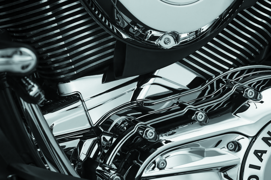 Kuryakyn chrome cylinder base cover for Indian Motorcycle models, part 5737, featuring a sleek, polished finish.