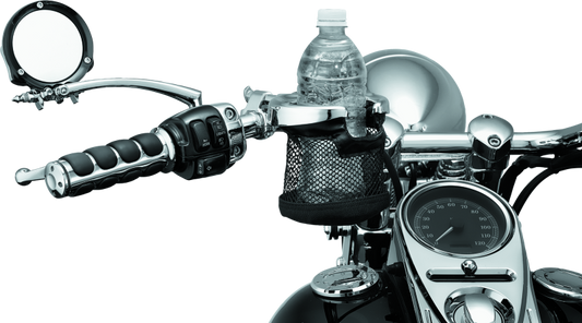 Chrome Kuryakyn drink holder with mesh basket and 1-inch clamp, mounted on a motorcycle handlebar.