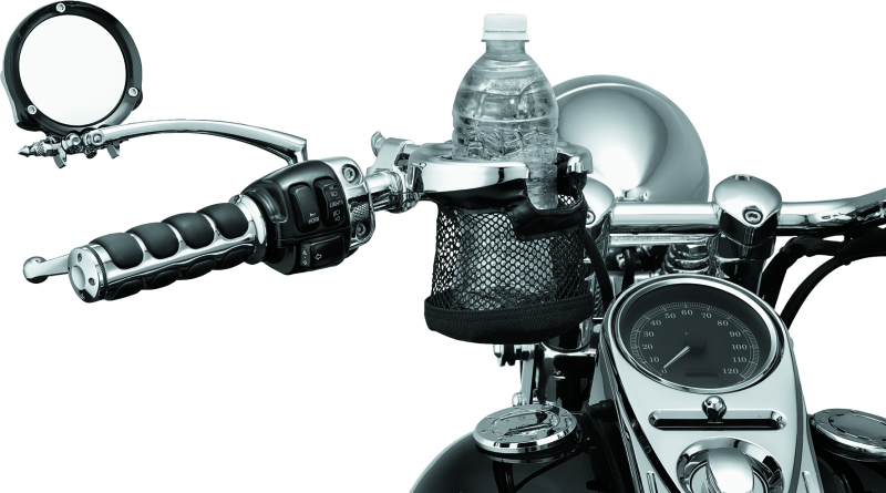 Chrome Kuryakyn drink holder with mesh basket and 1-inch clamp, mounted on a motorcycle handlebar.