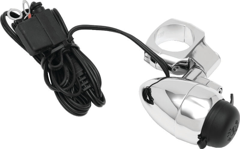 Kuryakyn Electrical Power Point with 1-1/4 inch chrome bar mount for motorcycle handlebar electrical connections.