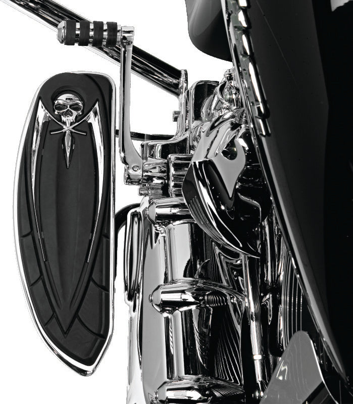 Chrome Kuryakyn floorboard relocator brackets for 1997-2016 Harley-Davidson Touring models, part #4588, shown installed on motorcycle.