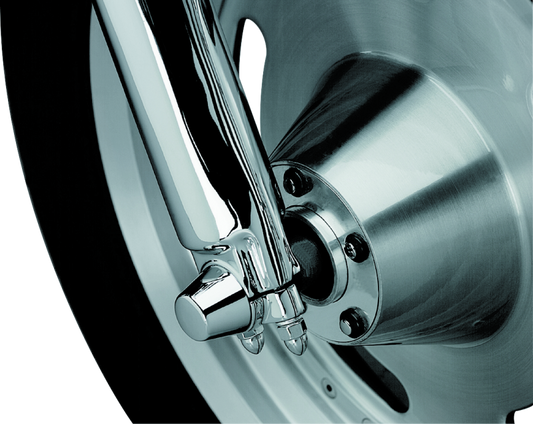 Kuryakyn chrome front axle nut caps for Harley Davidson Touring models, designed to enhance bike's appearance.