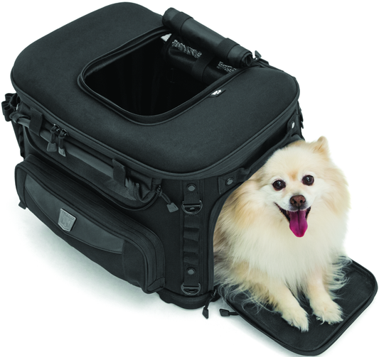 Kuryakyn Grand Pet Palace motorcycle pet carrier in black with mesh windows, designed for safe pet travel on motorcycles.