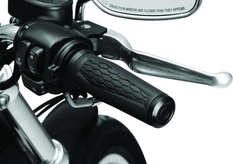 Kuryakyn Hex Grips Dual Cable Black for powersports vehicles, close-up of textured rubber grips with black finish.