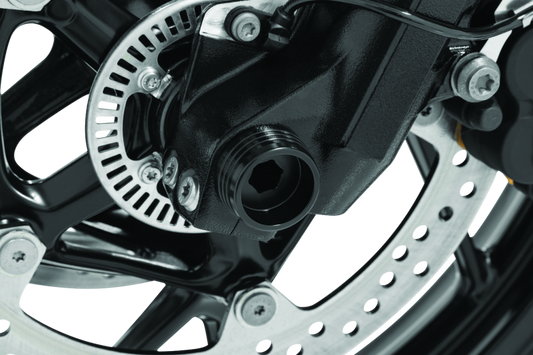 Kuryakyn Lodestar front axle slider in black for BMW R1200R, F800R, R Nine T, and R1200RS motorcycle with visible design details.
