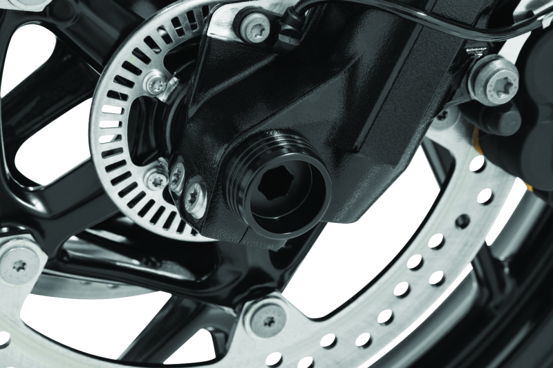 Kuryakyn Lodestar front axle slider in black for BMW R1200R, F800R, R Nine T, and R1200RS motorcycle with visible design details.