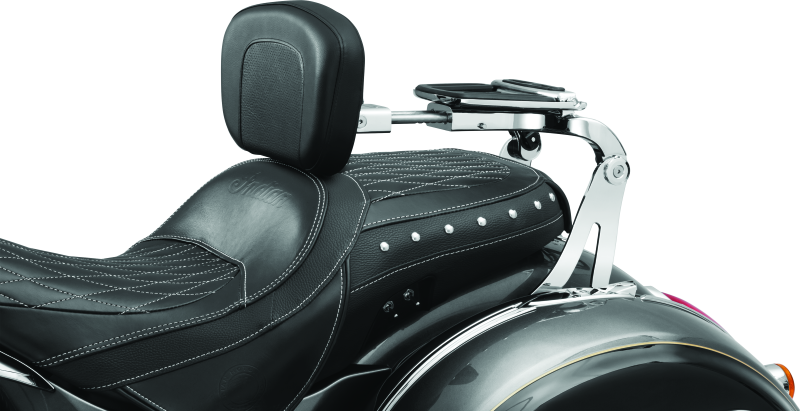 Kuryakyn multi-purpose backrest with luggage rack, designed for motorcycles, featuring padded back support and sturdy rack for gear.