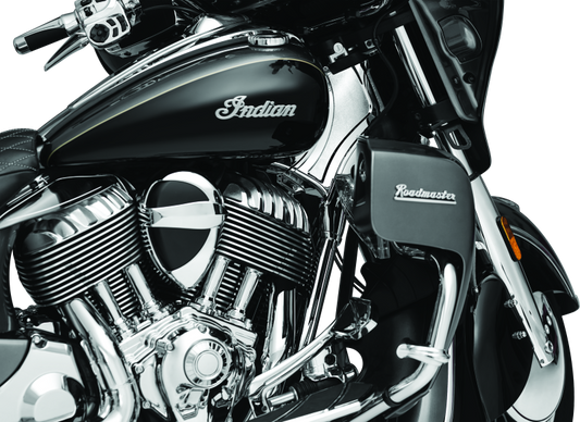 Kuryakyn chrome neck cover for Indian Chieftain and Roadmaster motorcycle models, adds stylish protection to the bike's neck area.