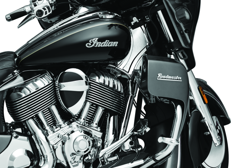 Kuryakyn chrome neck cover for Indian Chieftain and Roadmaster motorcycle models, adds stylish protection to the bike's neck area.