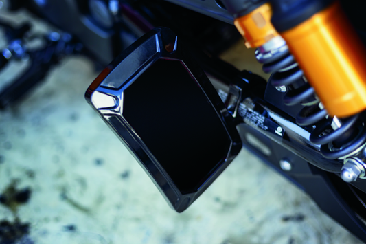 Kuryakyn Nova Curved Vertical Mount Side License Plate Holder in glossy black for motorcycles