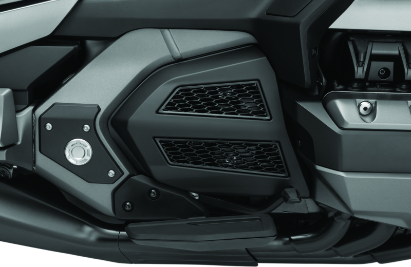 Kuryakyn Omni transmission covers for Honda GL1800 Gold Wing in satin black, part #3275, showcasing sleek, protective engine covers.