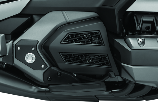 Kuryakyn Omni transmission covers for Honda GL1800 Gold Wing in satin black, part #3275, showcasing sleek, protective engine covers.