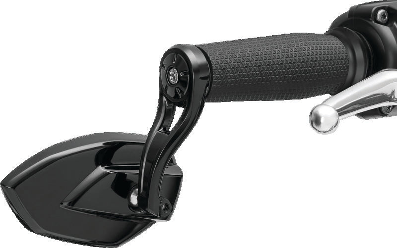 Kuryakyn Phantom Bar End Mirror in gloss black, modern minimalist motorcycle rearview mirror mounted on bike handlebar.