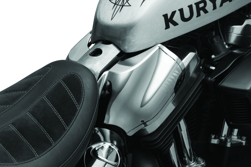 Kuryakyn Saddle Shields XL Smoke for Harley Davidson Sportster models, close-up of smoked shield with mounting hardware