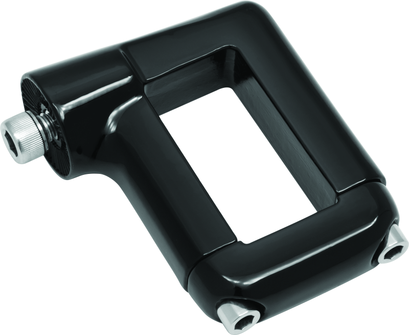 Black Kuryakyn side mount license plate clamp for Dyna motorcycle models, designed for secure and stylish plate mounting.