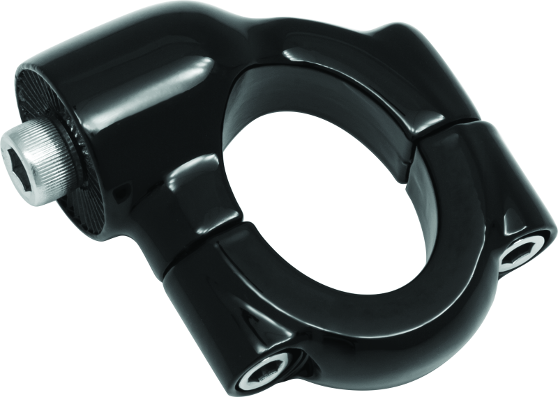 Kuryakyn Side Mount License Plate Holder Clamp in gloss black mounted on a Harley-Davidson Softail motorcycle.