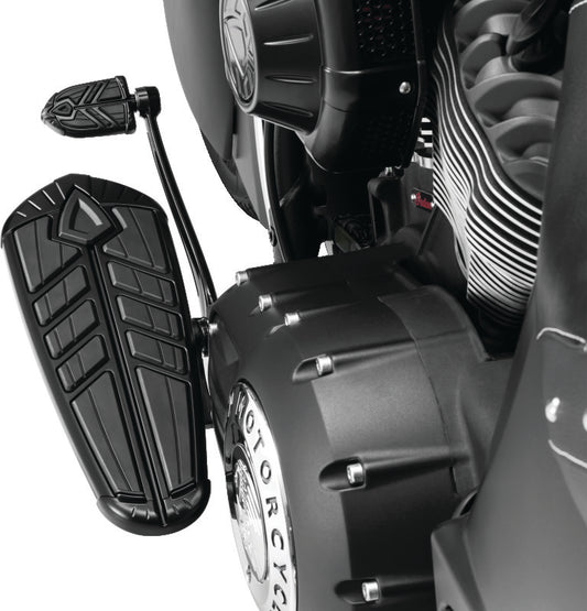 Kuryakyn Spear Driver Floorboard Inserts for Indian Motorcycles in satin black, part #5651, shown installed on motorcycle footboard