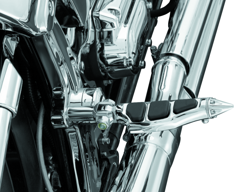 Kuryakyn Stiletto Pegs with Male Mount in chrome for Harley Davidson and metric motorcycles, shown on motorcycle footrest.