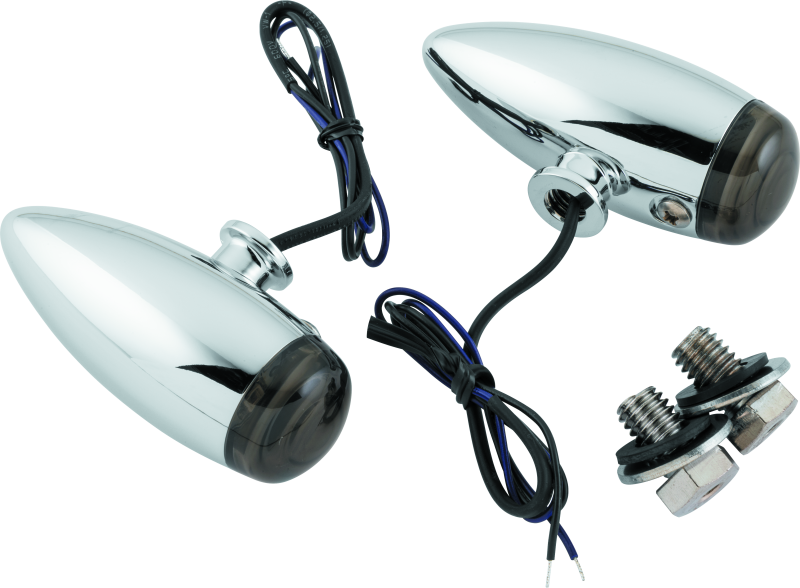 Kuryakyn Super Bright LED Mini Bullet Lights in amber with chrome finish, designed for motorcycle lighting and visibility.