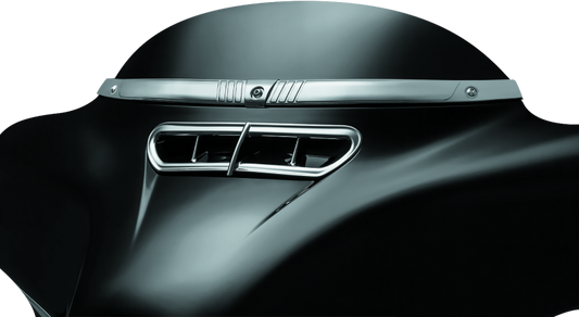 Chrome Kuryakyn Tri-Line Windshield Trim for Harley Davidson Touring Models, showcasing sleek, polished metal design on motorcycle windshield
